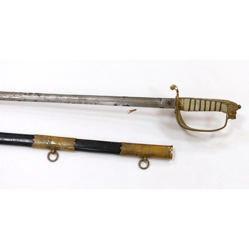 266 - A George V naval officers sword, maker Grieves, in a leather scabbard, guard engraved G.P. Bewley, ... 