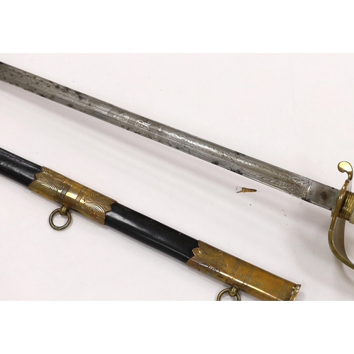 266 - A George V naval officers sword, maker Grieves, in a leather scabbard, guard engraved G.P. Bewley, ... 