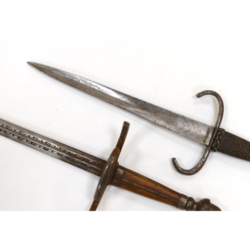 270 - A reproduction stiletto and dagger, stiletto with engraved steel blade, steel pommel and quillon, an... 