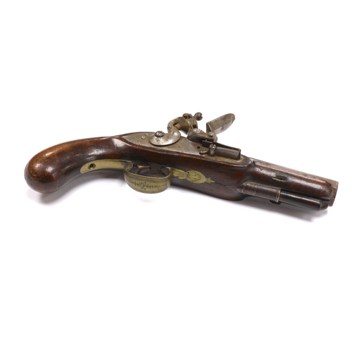 290 - A flintlock overcoat pistol c.1820, octagonal barrel with gold inlaid breach line and engraved trigg... 