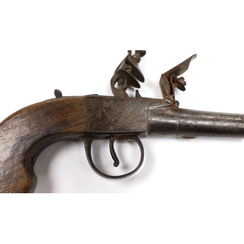 291 - A flintlock pocket pistol, c.1830, frame engraved with trophies of flags, maker Stevens, Crooked Lan... 