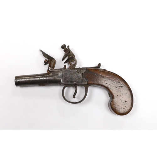 291 - A flintlock pocket pistol, c.1830, frame engraved with trophies of flags, maker Stevens, Crooked Lan... 