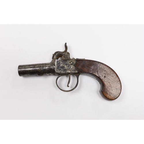 293 - A 19th century box lock percussion pocket pistol with turn off barrel, engraved frame slab and walnu... 