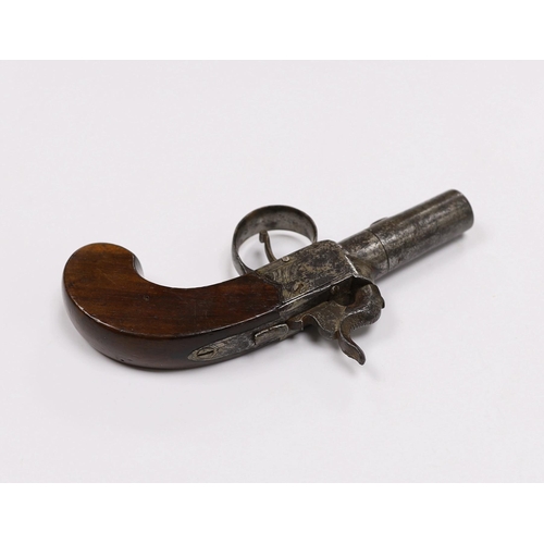 293 - A 19th century box lock percussion pocket pistol with turn off barrel, engraved frame slab and walnu... 