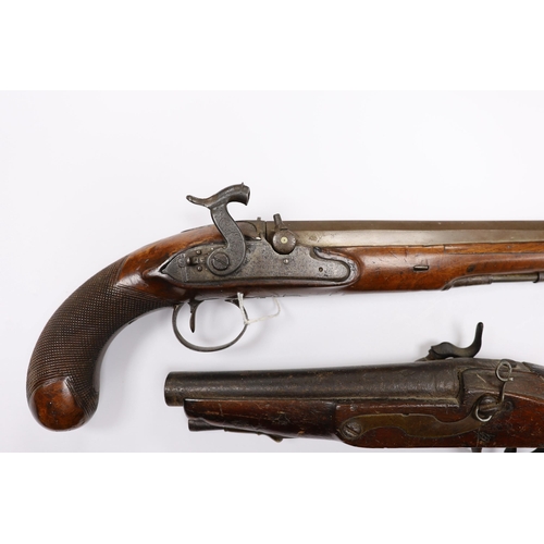 294 - Two percussion 19th century pistols, both converted from flintlock, the larger example with engraved... 