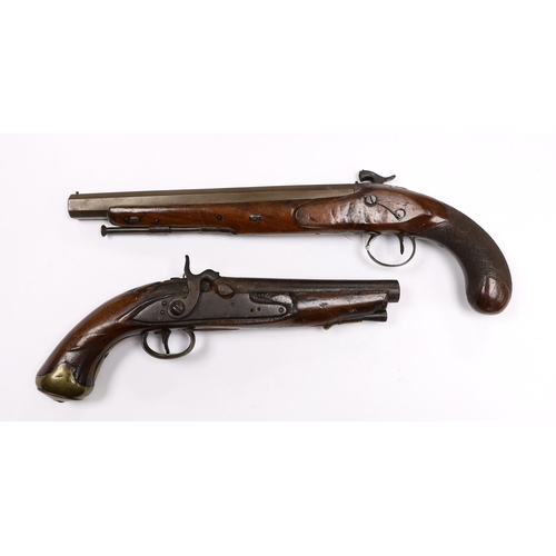 294 - Two percussion 19th century pistols, both converted from flintlock, the larger example with engraved... 