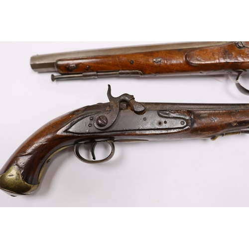 294 - Two percussion 19th century pistols, both converted from flintlock, the larger example with engraved... 