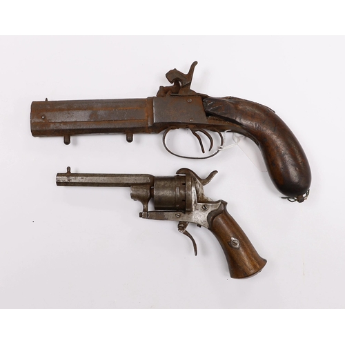 295 - A 19th century six shot pinfire revolver with folding trigger, barrel 8cm, together with a relic ove... 