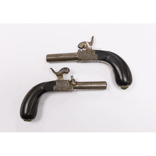 296 - A pair of 19th century box lock, percussion pistols, with turn off Damascus twist barrels, engraved ... 