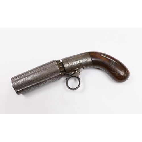 298 - A 19th century, six barrel under action percussion pistol, with engraved lock and walnut grip, stamp... 