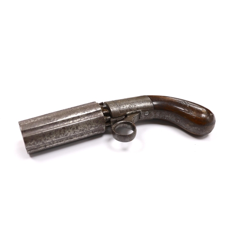 298 - A 19th century, six barrel under action percussion pistol, with engraved lock and walnut grip, stamp... 