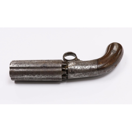 298 - A 19th century, six barrel under action percussion pistol, with engraved lock and walnut grip, stamp... 