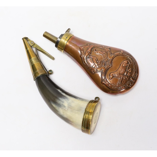 300 - A brass mounted powder horn and a copper powder flask, horn 18cm