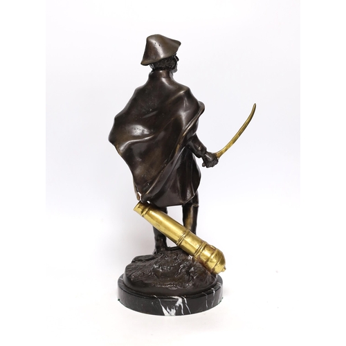 308 - A bronze figure of Wellington with brass sword blade and cannon, signed Boucher, mounted on a marb... 