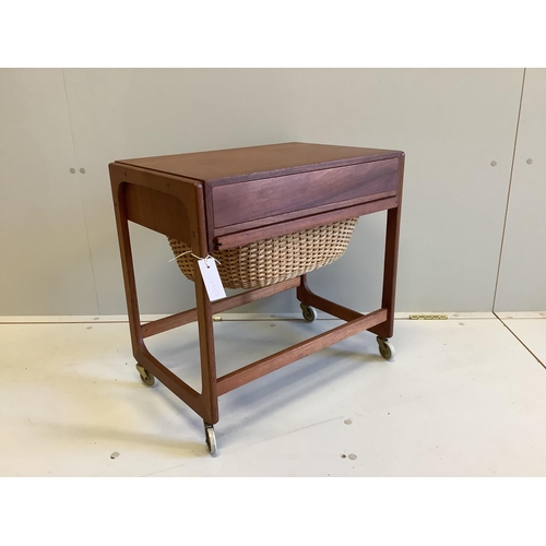 31 - A mid century Danish teak work / occasional table, width 54cm, depth 35cm, height 53cm