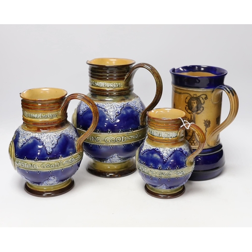 318 - Three graduated Doulton Lambeth Queen Victoria diamond Jubilee commemorative jugs and a Nelson and h... 