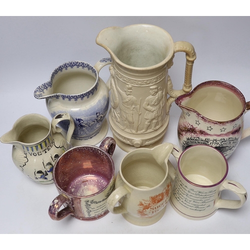 319 - Seven military and naval themed jugs including a Leeds creamware jug 'Loyal Volunteers' inscribed 'L... 