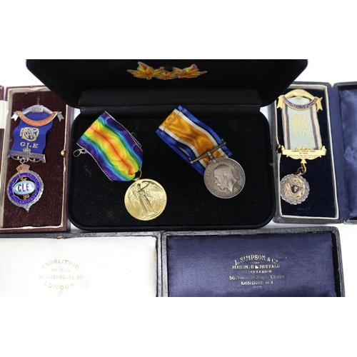 329 - WWI trio awarded to CMT - 735 PTE A E COX ASC, three cased silver Masonic medals, two with enamel to... 