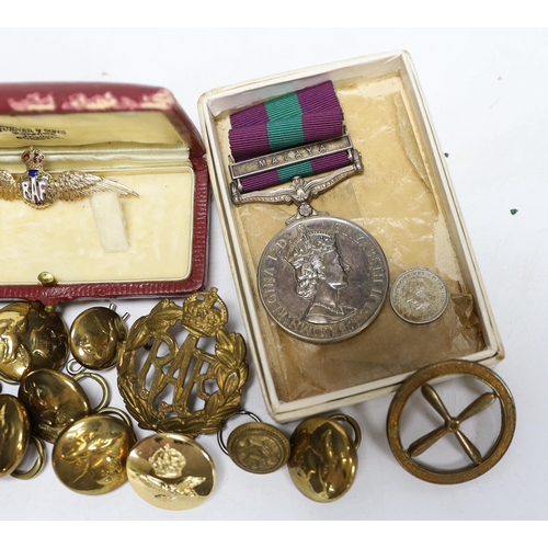 330 - A 9ct. enamelled RAF Sweetheart brooch, an Elizabeth II General Service medal with Malaya bar to Cpl... 