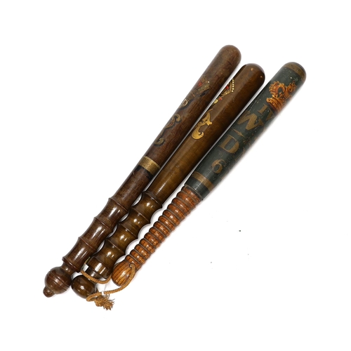 332 - Three painted wooden truncheons: William IV, Victoria and George V, largest Victoria 42cm long... 