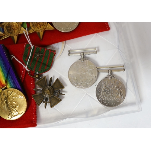 334 - Nine WWI / WWII medals; a pair of WWI medals, the War medal and Victory medal to J.R. Hemmings R.A.F... 