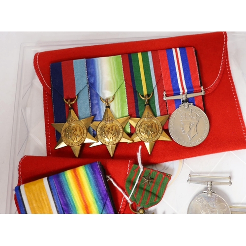 334 - Nine WWI / WWII medals; a pair of WWI medals, the War medal and Victory medal to J.R. Hemmings R.A.F... 