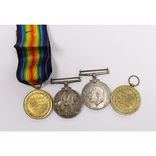 335 - Two pairs of First World War campaign medals, both comprising the War Medal and Victory Medal; to Cp... 