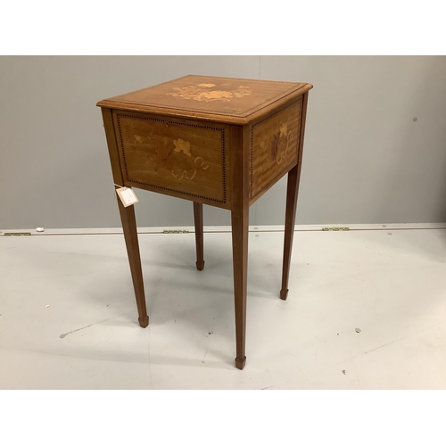 35 - An Edwardian marquetry inlaid satinwood workbox, width 38cm, depth 38cm, height 68cm