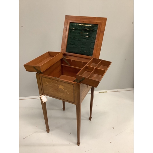 35 - An Edwardian marquetry inlaid satinwood workbox, width 38cm, depth 38cm, height 68cm