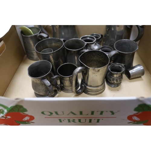 354 - A collection of pewter mugs and measures including, The New Green Man Pub, Watford 1730, The Two Bre... 