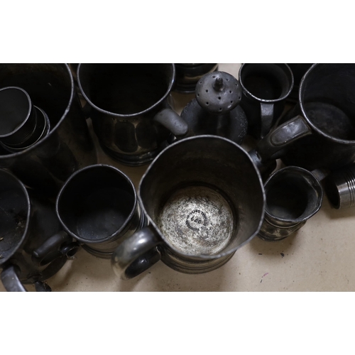 354 - A collection of pewter mugs and measures including, The New Green Man Pub, Watford 1730, The Two Bre... 