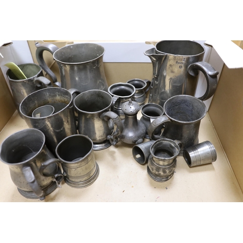 354 - A collection of pewter mugs and measures including, The New Green Man Pub, Watford 1730, The Two Bre... 