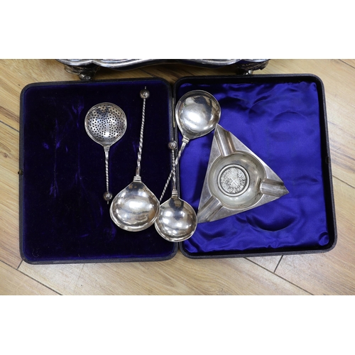 355 - A collection of plated wares: an oval card tray, tureen and cover, cased four piece spoon desert set... 