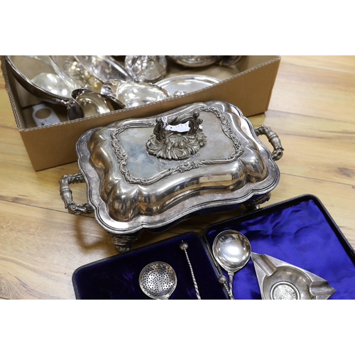 355 - A collection of plated wares: an oval card tray, tureen and cover, cased four piece spoon desert set... 