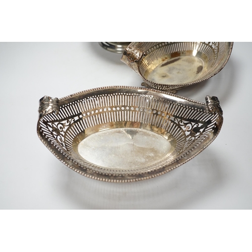 365 - A pair of late 19th/early 20th century pierced plated oval dishes and plated jardiniere, dishes 2cm ... 