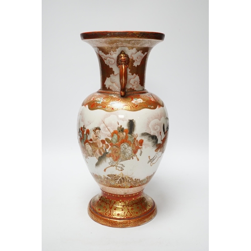 368 - A Japanese Kutani porcelain twin handled vase, Meiji period, decorated with warriors on horseback, 3... 