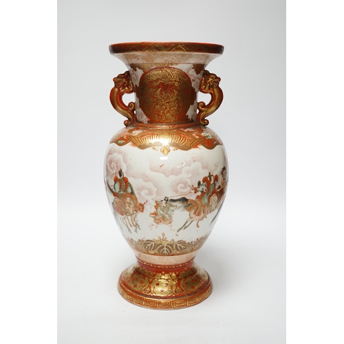 368 - A Japanese Kutani porcelain twin handled vase, Meiji period, decorated with warriors on horseback, 3... 