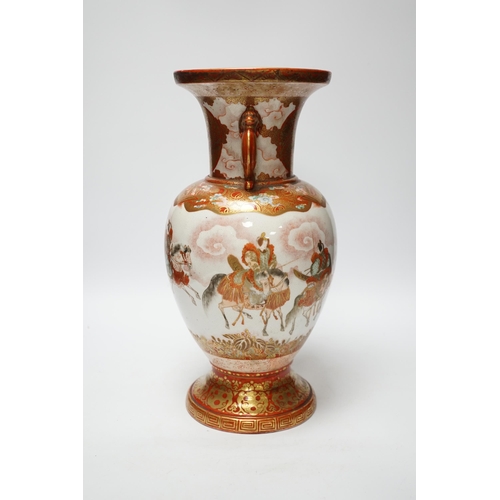 368 - A Japanese Kutani porcelain twin handled vase, Meiji period, decorated with warriors on horseback, 3... 