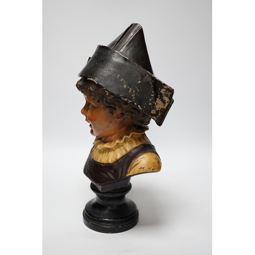 369 - A French cold painted terracotta bust of a child in a bicorn hat on socle plinth, 37cm high