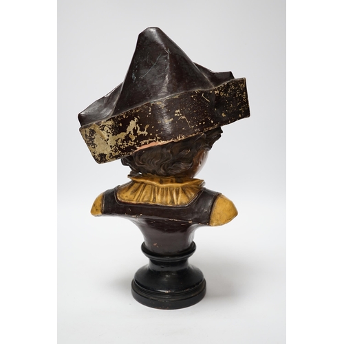 369 - A French cold painted terracotta bust of a child in a bicorn hat on socle plinth, 37cm high