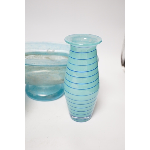 376 - A Roman style two handled glass vase, a Kosta Boda bowl and two art glass vases, tallest 26.5cm... 