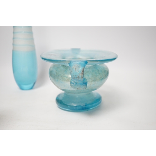 376 - A Roman style two handled glass vase, a Kosta Boda bowl and two art glass vases, tallest 26.5cm... 