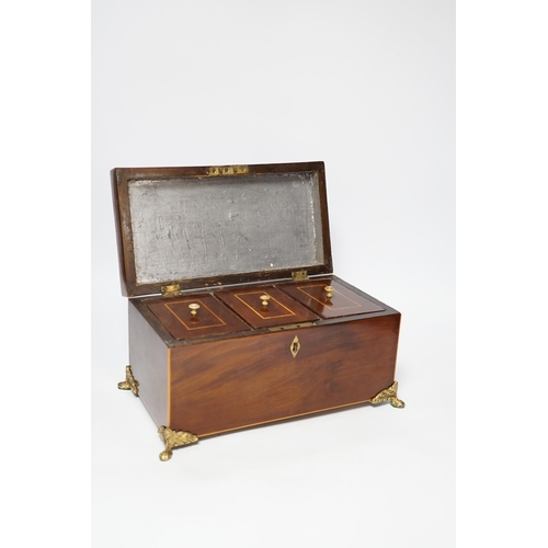 388 - An early 19th century boxwood strung mahogany tea caddy, ivory inlay, 28cm wide CITES Submission ref... 