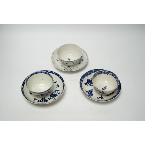 390 - Three late 18th century Liverpool blue and white teabowls and saucers