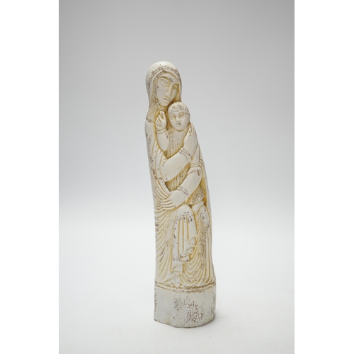 391 - An Eric Gill sculpture of Madonna and child and a carriage timepiece, sculpture 23cm high