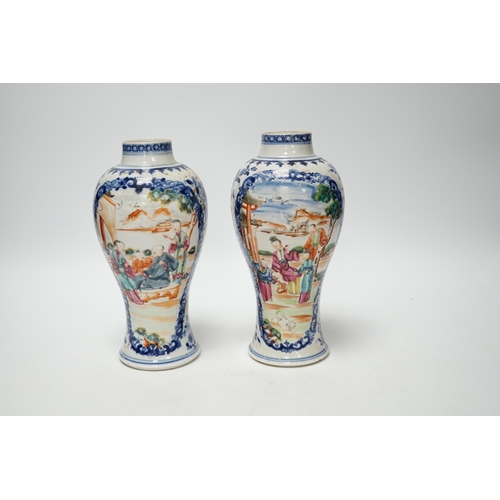 393 - A pair of late 18th century Chinese famille rose mandarin vases, 19cm high