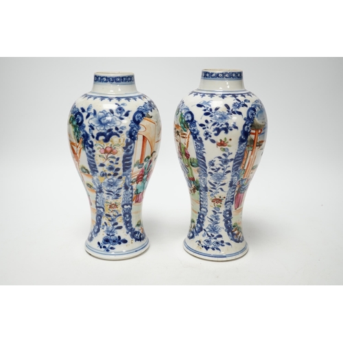 393 - A pair of late 18th century Chinese famille rose mandarin vases, 19cm high