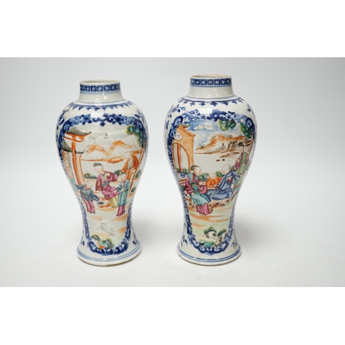 393 - A pair of late 18th century Chinese famille rose mandarin vases, 19cm high