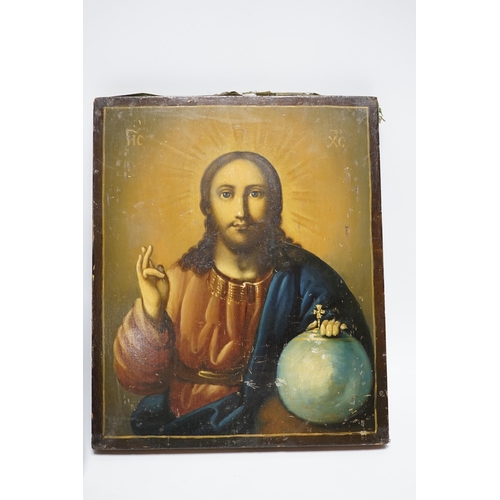 397 - An early 20th century Russian Icon painted on wooden panel of Christ, with inscription and four seal... 