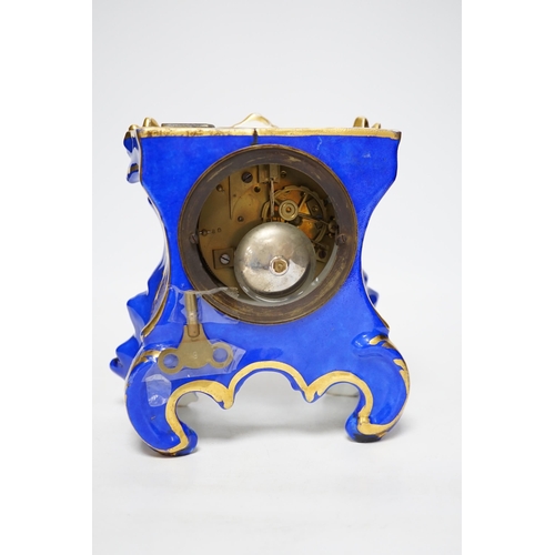 401 - An early 20th century French porcelain mantel clock, missing top section, 19cm